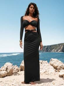Opulessa 2pcs Women's Vacation Sexy Twist Cropped Top And Skirt Set,Vacation Outfits Woman,Sundresses For Vacation,Beach Vacation Outfits,Tropical Vacation Woman Clothes,Summer Outfits For Women,Two Pieces Set Women,Black