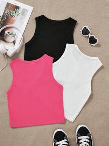 SHEIN 3pcs/Set Tween Girls' Solid Color Knit Rib Heart Pattern Tank Top