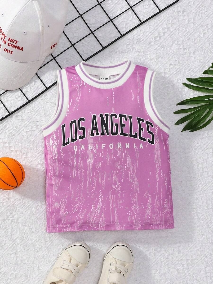 Áo tank top in chữ phong cách Hàn Quốc, thích hợp cho bé gái 4-7 tuổi, mùa xuân và thu mới. - Màu tím hoa cà - Xem 1