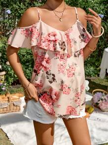 SHEIN Maternity Floral Print Ruffle Relaxed Fit Blouse - Pink - View 6