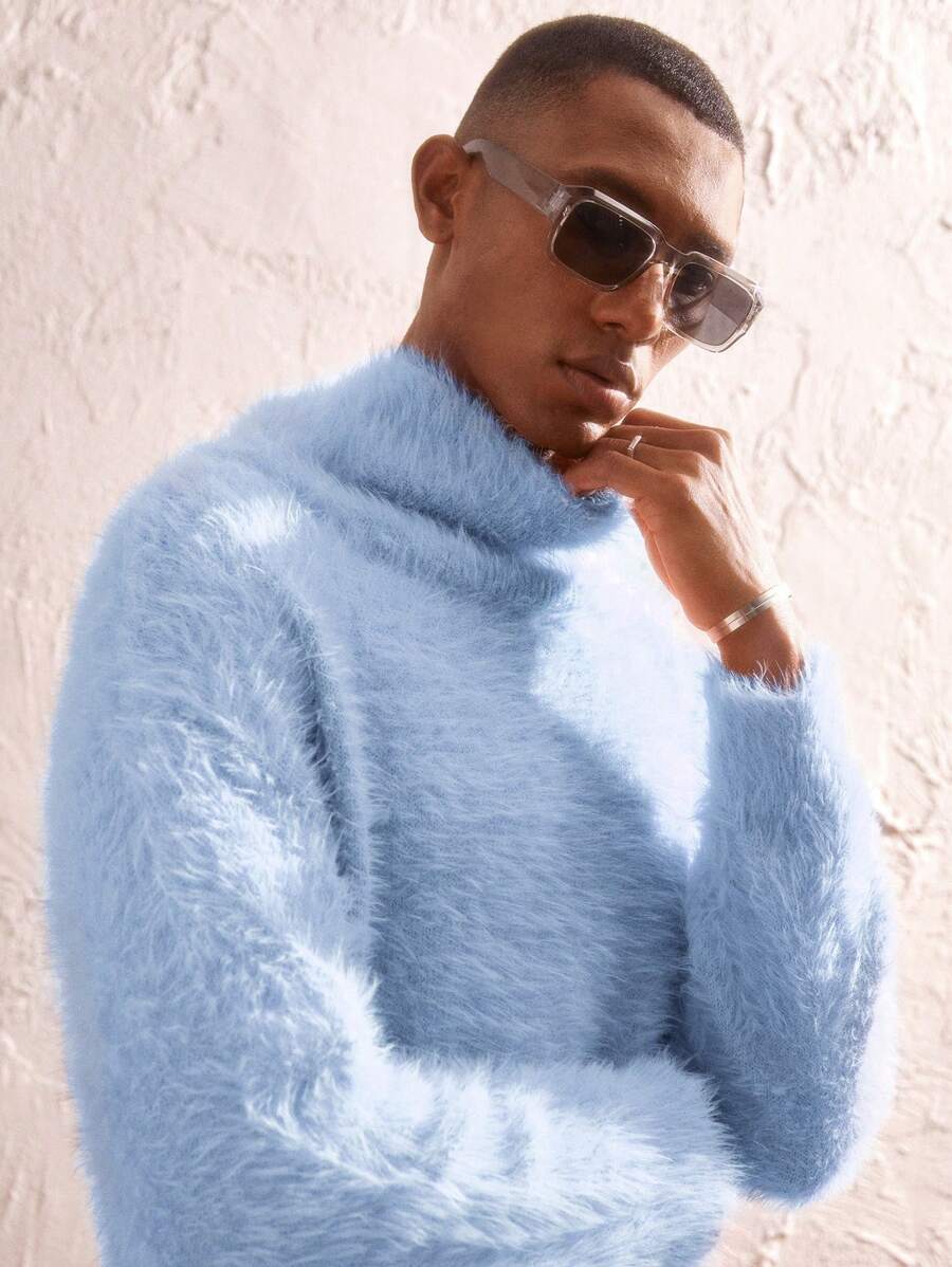 AKNOTIC Business Casual Men's Oversized High Neck Loose Drop Shoulder Long Sleeve Sweater, Suitable For Autumn/Winter - Baby Blue - View 1