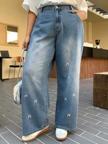 Dazy Petite Plus Bow Embroidery Distressed Oversized Loose Wide-Leg Jeans, All Season - Blue - View 4