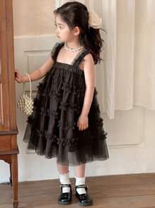 DAZY Young Girl Mesh Patchwork Wide Strap Simple Bear Pattern Party Dress,Girls Summer Outfits - Brown - View 7