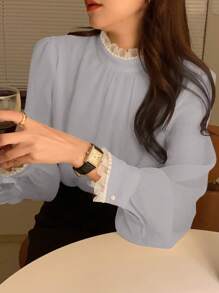 DAZY Women Faux Pearl Decor High Neck Plain Casual Blouse,Fall Clothes - Grey - View 2