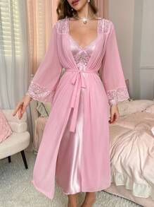 Côtesoire Elegant Satin Lace Long Robe & Dress Sleepwear Set For Women - Pink - View 3
