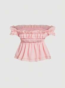 SHEIN MOD One-Shoulder Ruffled Babydoll Dress Shirt, Romantic Summer Shirt, Holiday Shirt, Suitable For Dates, Parties, Afternoon Tea, Birthdays - Pink - View 2