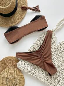 SHEIN Swim Ladies' Springbreak Sexy Casual Coffee Color Gold Jewelry Decor Spaghetti Strap High Cut Pants Bikini Set - Rust Brown - View 2