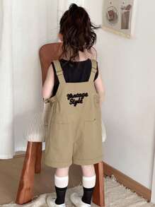 Dazy Kids 2pcs/Set Young Girl Letter Print Round Neck Camisole And Bib Shorts Set