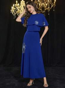 Modelyn 女士优雅小圆领针织短袖斗篷毛衣和裙子 2 件套，时尚修身造型 - 藍色 - 查看 3