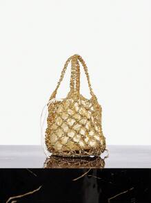 SHEIN SXY 女士手提包，编织包，镂空，时尚，优雅，简约，个性化，多功能，适合海滩，度假，假日，夏季，海边 - 金色 - 查看 3