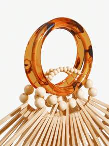 SHEIN SXY 女士手提包，竹节包，时尚优雅，简约个性，百搭，适合海滩、度假、节日、夏季、海边 - 杏色 - 查看 5