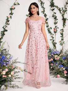 Coutiva Women Elegant Sequin Decorated Net Splice Loose Casual Evening Party Dress, Wedding Guest Dress Music Festival Spring/Summer, Formal Dress,Gown