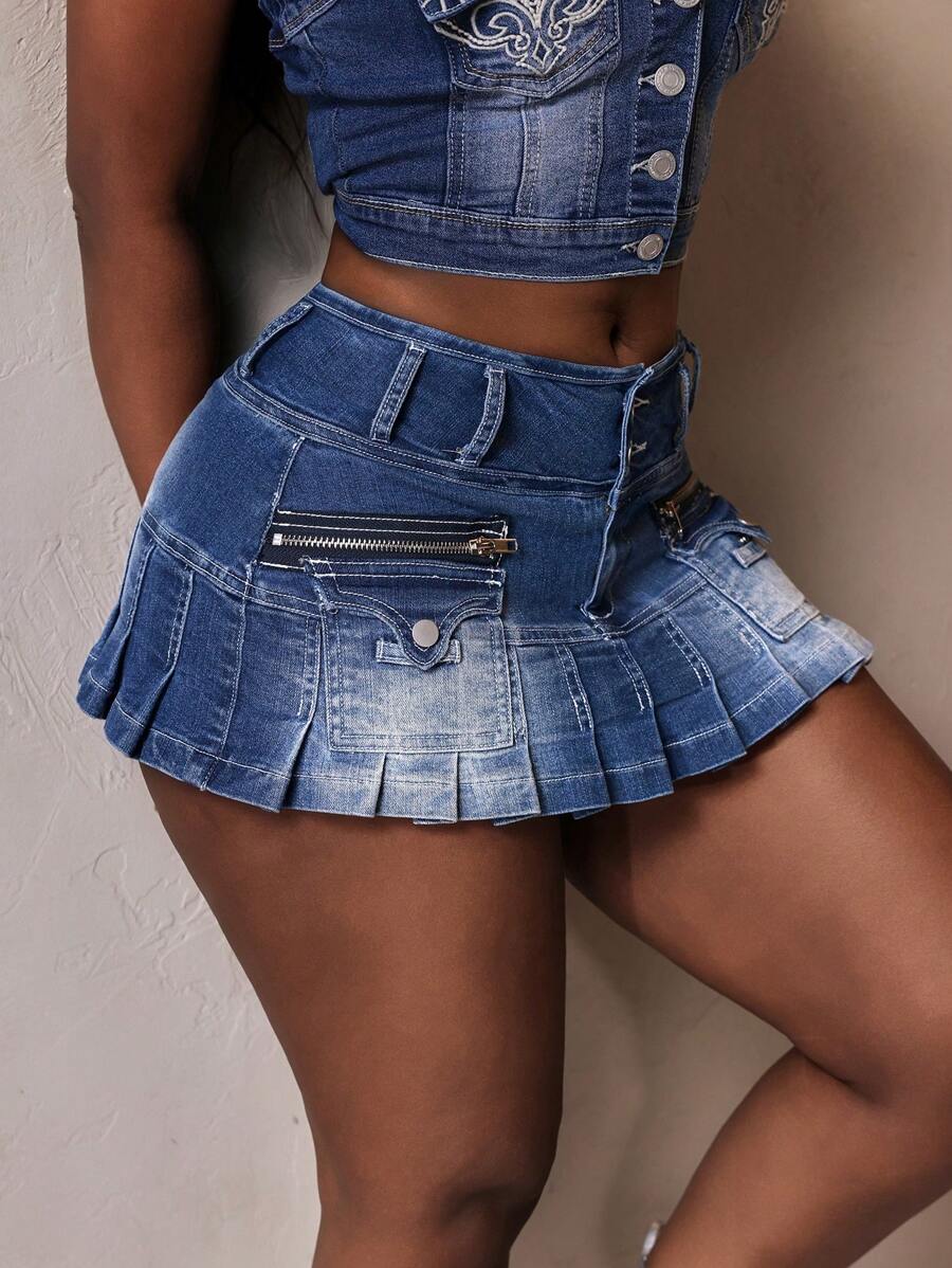 Slaydiva 女士前扣口袋褶皱简约休闲牛仔半身裙 - 藍色 - 查看 1
