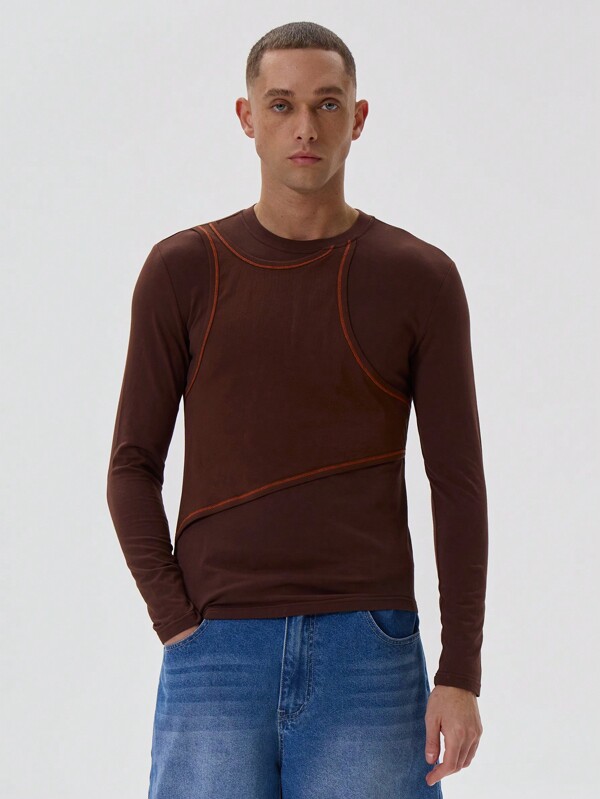 Musero Layered Contrast Stitch Long Sleeve Fitted T-Shirt Top