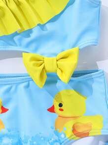 SHEIN Baby Girl  Cute  Duck Print Bow Decor Ruffled Trim Swimsuit,Hollow-Out Waist And  Adjustable Straps For Beach Vacation In Summer