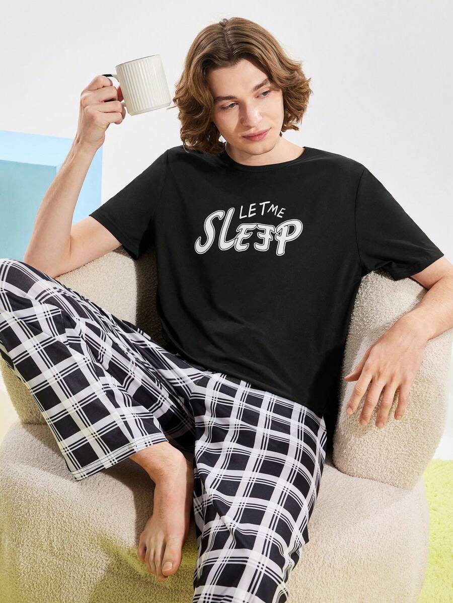 Men's Letter Print Crew Neck Short Sleeve Pajama Top - Black - View 1