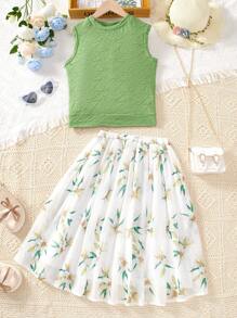 SHEIN 套装少女优雅淑女简约绿色无袖上衣和雪纺优雅裙子，夏季 - 綠色 - 查看 8