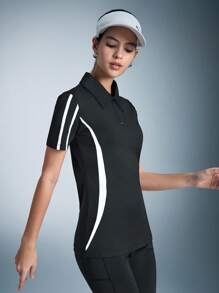 SHEIN XH092 Sporty Yoga Casual Colorblock Fitted Short Sleeve - Black - View 4