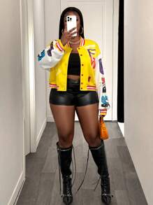 Slaydiva Plus Size Casual Colorblock Crop Baseball Jacket, Printed Blue For Autumn/Winter - Yellow - View 5