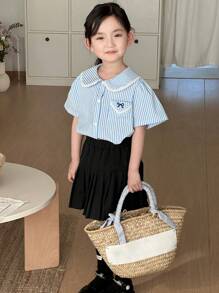 Dazy Kids 女孩条纹纽扣衬衫 - 藍白色 - 查看 5