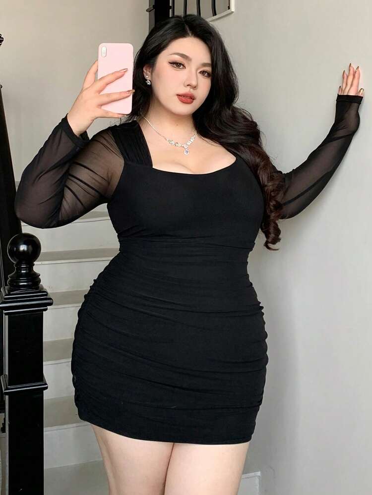 Dazy Plus Plus Size Contrast Mesh Mini Wrap Dress, Spring/Fall 90s Clothes Prom Dress Long Sleeve Dress Elegant Women Dresses