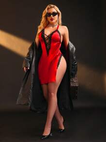 深 V 领、交叉胸围、高侧开衩、蕾丝拼布、缎面、撞色、露背性感女式睡衣 - 紅色 - 查看 1