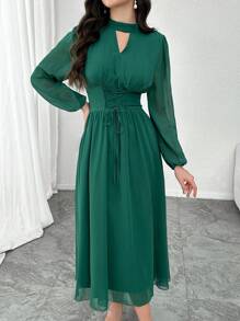 Modelyn 女式 A 字腰带褶饰下摆绿色中长连衣裙