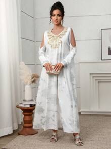 Al Najma Women's Floral Cutout Shoulder Long Sleeve Elegant Abaya Dress  Summer Outits For Women