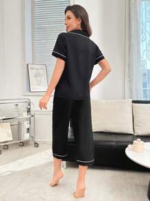 女士泡泡雪纺翻领纽扣睡衣套装 - 黑色 - 查看 2