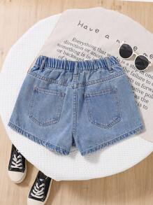 SHEIN Pantaloncini di jeans casual per ragazze pre-adolescenti con tasche strappate e dettagli di strass