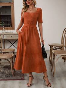 EMERY ROSE Square Neck, 3/4 Sleeve, Cinched Waist, A-Line Hem, Side Pockets Mid-Length Casual Dress, Spring/Summer - Brown - View 5