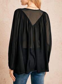 Poéselle 女士撞色蕾丝宽松长袖优雅衬衫，波西米亚风长袖蕾丝领衬衫，春季，波西米亚风，西部风，纳什维尔风，音乐会服装 - 黑色 - 查看 2