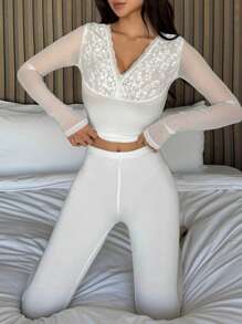 DAZY Lace Contrast Mesh Bodycon Pajama Set