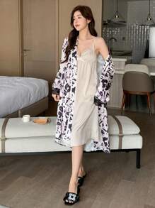 DAZY 2pcs Satin Leopard Print Robe Set, Velvet Camisole Nightgown Sleepwear Set Pajama - White - View 6