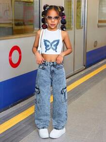 SHEIN Tween Girls' Casual Baggy Denim Pants With Flap Pockets And Contrast Stitching Details Straight Leg Cargo Jeans,For Spring And Summer Outfits