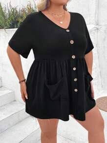 SHEIN CURVE+ Plus Size Front-Button Double Pockets Short Sleeve Summer Casual T-Shirt - Black - View 4