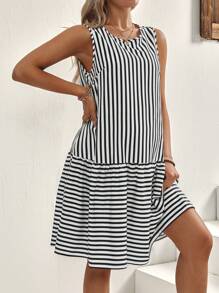 SHEIN Pregnant Women Casual Striped Fitted Camisole Dress - Black and White - View 1