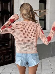 SHEIN LUNE Lente/zomer Hollow Heart Crew Neck gebreide crop top, modieuze trui voor laagjes, geschikt voor Valentijnsdag