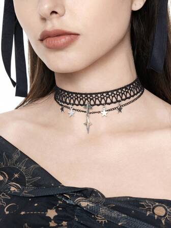 Goth Fashion Gothic Nightclub Lace Cross Star Choker Necklace