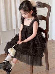 DAZY Young Girl Mesh Patchwork Wide Strap Simple Bear Pattern Party Dress,Girls Summer Outfits - Brown - View 1