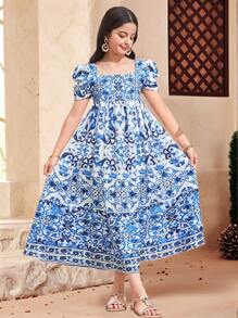 SHEIN Tween Girls Blue & White Porcelain Floral Print Gigot Sleeve Loose Fit A-Line Dress, Adorable Vacation Dress, Suitable For Spring Outing & Holiday