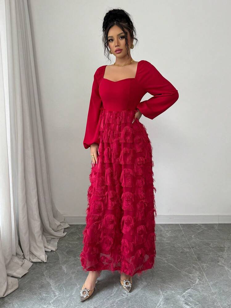 Modelyn Women's Knit Red Long Sleeve Patchwork Long Dress - Red - View 4