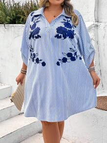SHEIN CURVE+ Floral Print Blue & White Striped Simple Casual Comfortable Plus Size Shirt Dress Boho Vacation