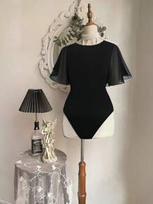 Sweetra Women's Casual Chiffon Ruffle Sleeve Bodysuit - Black - View 2