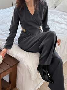 DAZY 2 件套精致时尚套装，包括收腰上衣和阔腿裤，优雅女装 - 灰色 - 查看 5