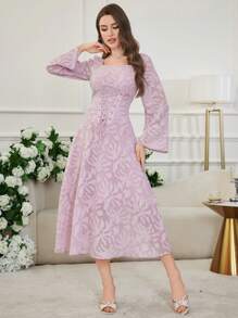 Modelyn Drawstring Trumpet Sleeve Lined Dress - Dusty Pink - View 4