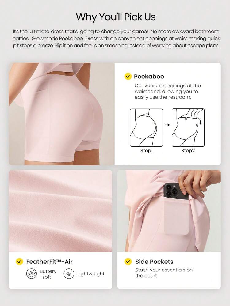 FeatherFit™-Air Keep It Short Sleeve U Back Active A-Line Peekaboo Dress With Built-In Shorts Low Impact Yoga Pilates Daily Removable Cups Spring Summer