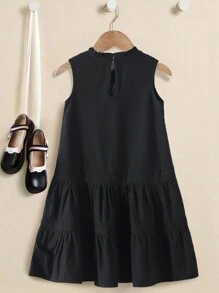 Girls' Casual Solid Color Sleeveless Round Neck Loose Mid-Length Bowknot Decor Summer Dress - Black - View 2