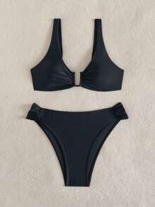 SHEIN Swim 女士两件套沙滩装，夏季新款 U 领带钢圈上衣和高腰比基尼泳裤 - 黑色 - 查看 5