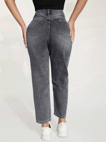 SHEIN PETITE Pantalones vaqueros rectos con bolsillos y rotos para mujer - Gris Claro - Ver 2
